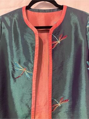 Reversible Cathayana Studio Dragonfly Silk Blend Jacket Coat Teal Melon S/M